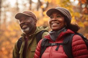 a couple takes a fall walk to improve their mental health