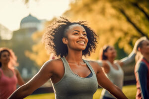 a woman participates in a yoga therapy program for addiction and mental health treatment