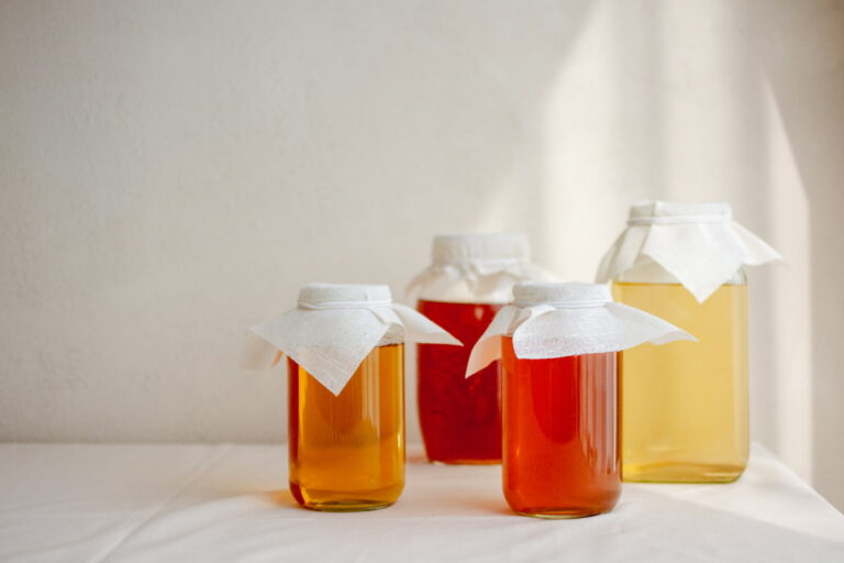 Kombucha being brewed on a counter top